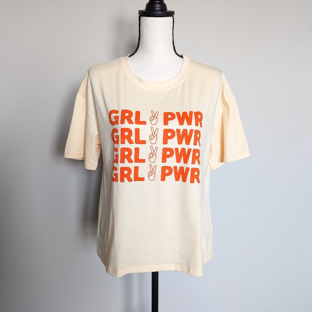 Light yellow & orange girl power short sleeve tee size M
